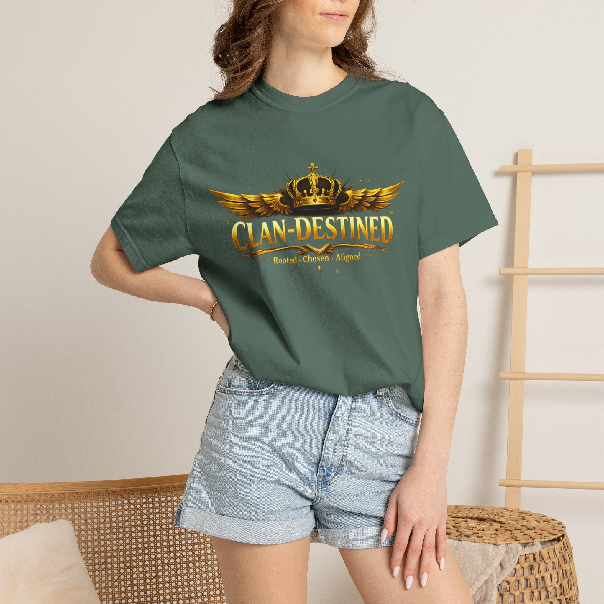 Clan-Destined Graphic T-Shirt — Gold Crown & Wings Emblem