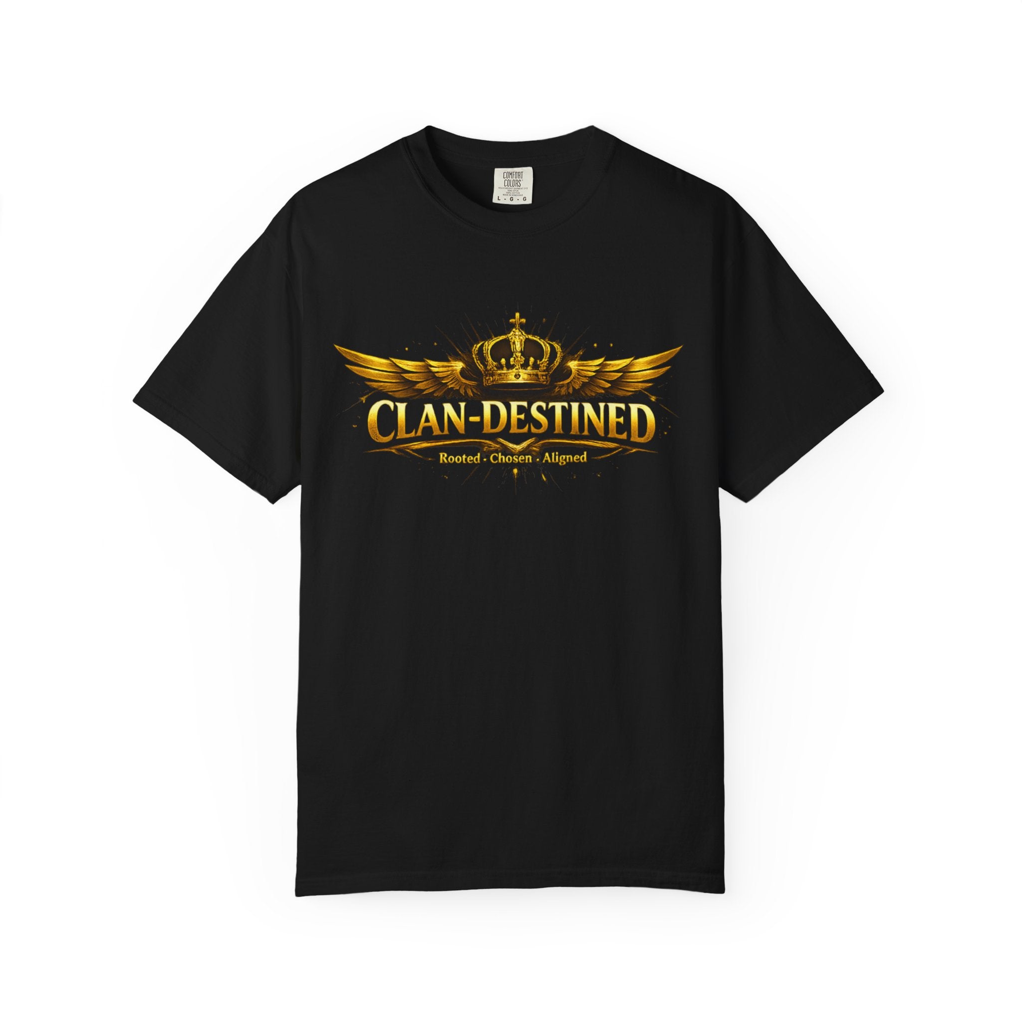 Clan-Destined Graphic T-Shirt — Gold Crown & Wings Emblem