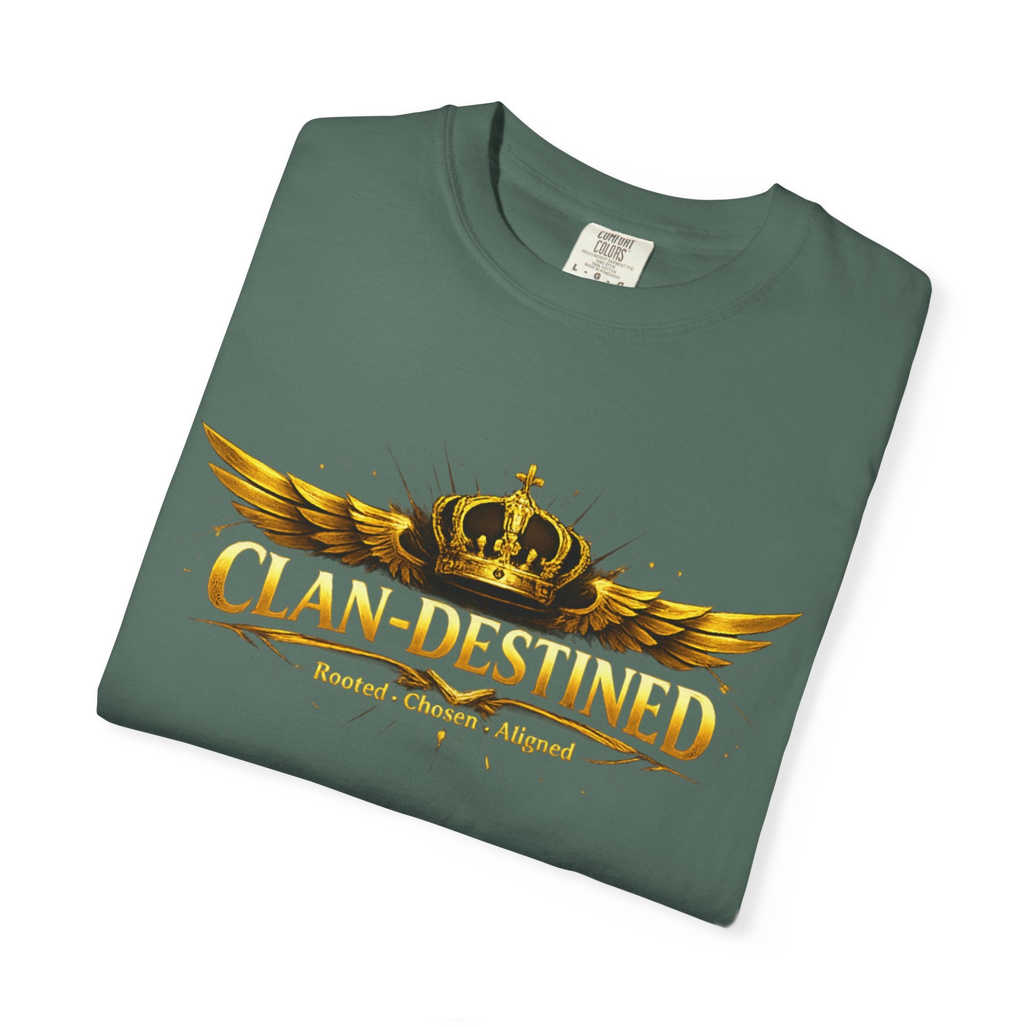 Clan-Destined Graphic T-Shirt — Gold Crown & Wings Emblem