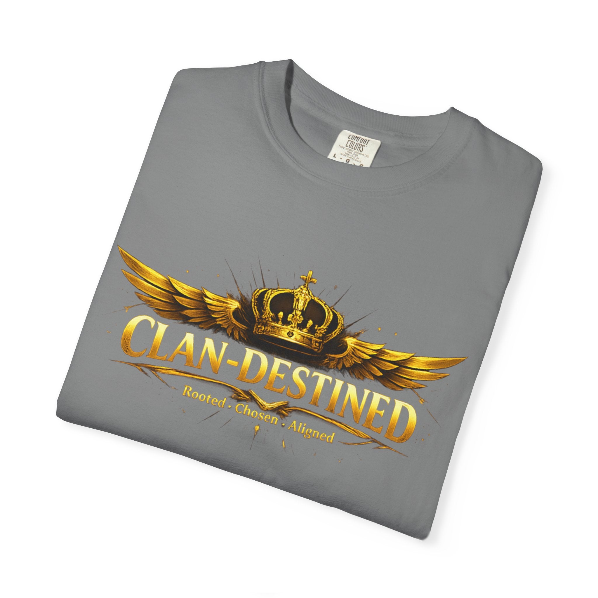 Clan-Destined Graphic T-Shirt — Gold Crown & Wings Emblem