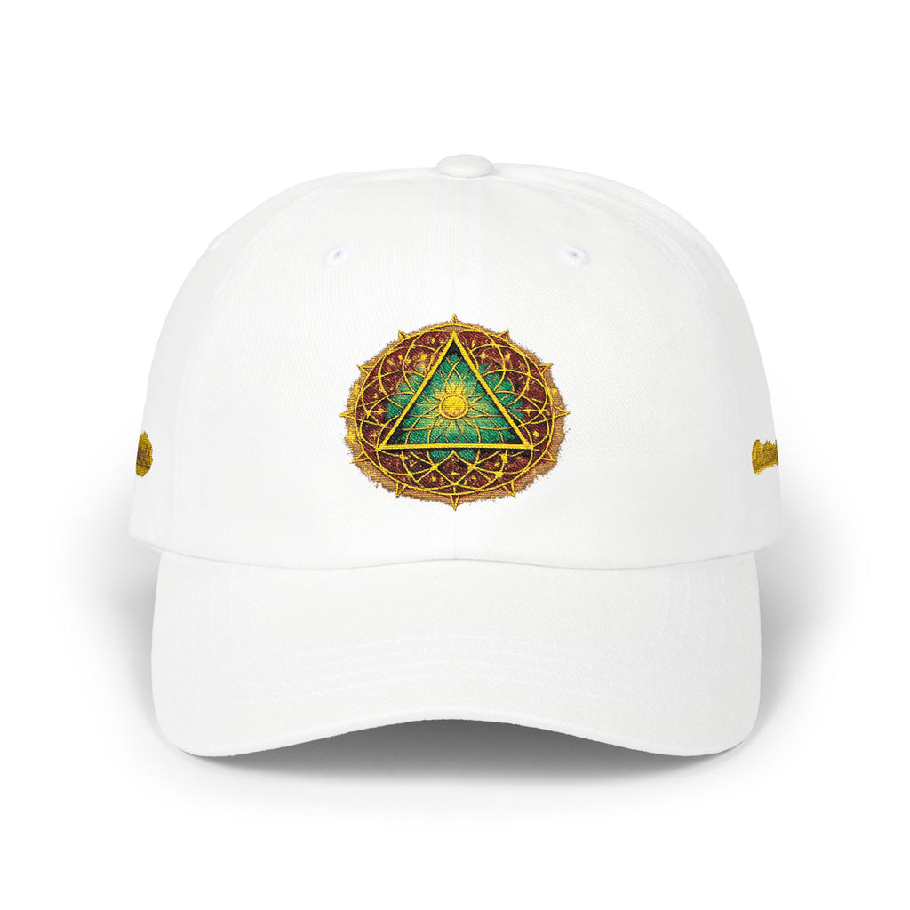 Embroidered Sacred Triangle Dad Cap — White Spiritual Symbol Baseball Hat