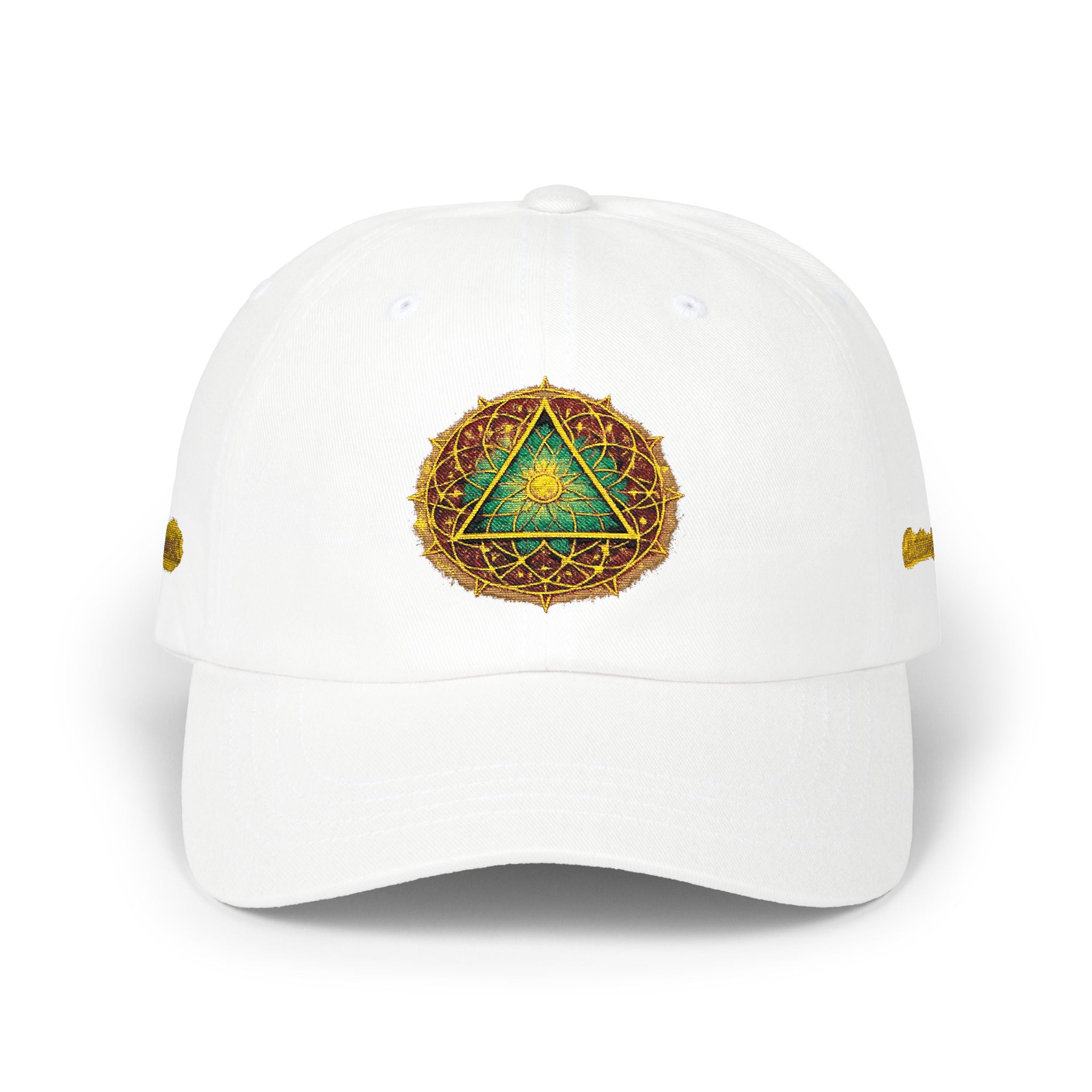 Embroidered Sacred Triangle Dad Cap — White Spiritual Symbol Baseball Hat