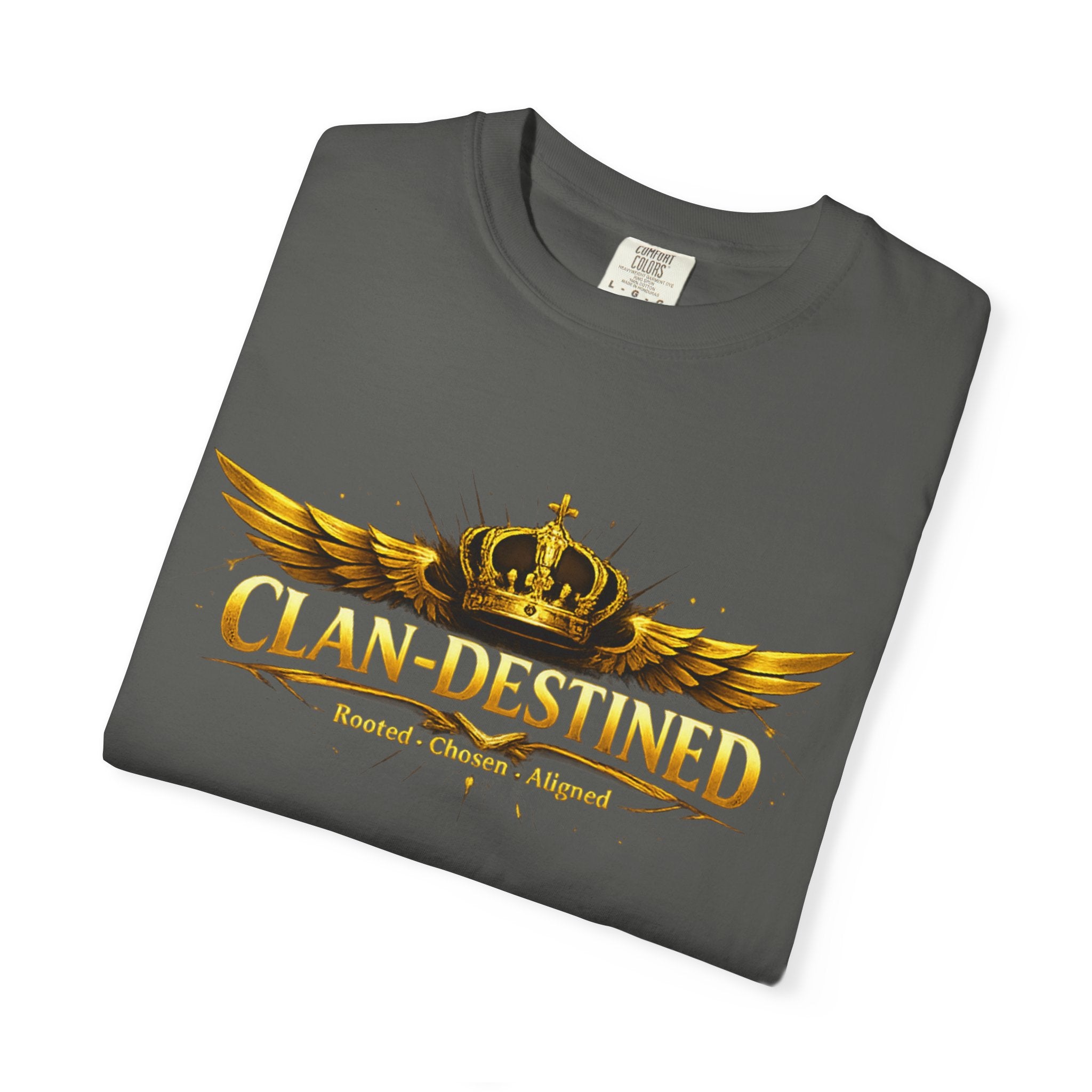 Clan-Destined Graphic T-Shirt — Gold Crown & Wings Emblem
