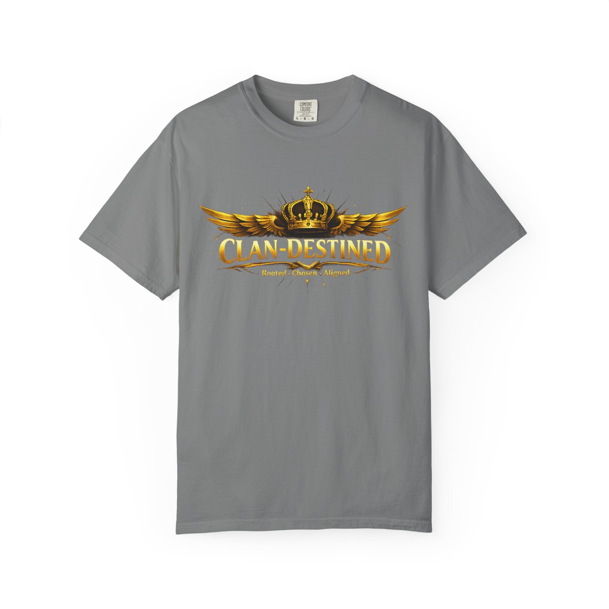 Clan-Destined Graphic T-Shirt — Gold Crown & Wings Emblem