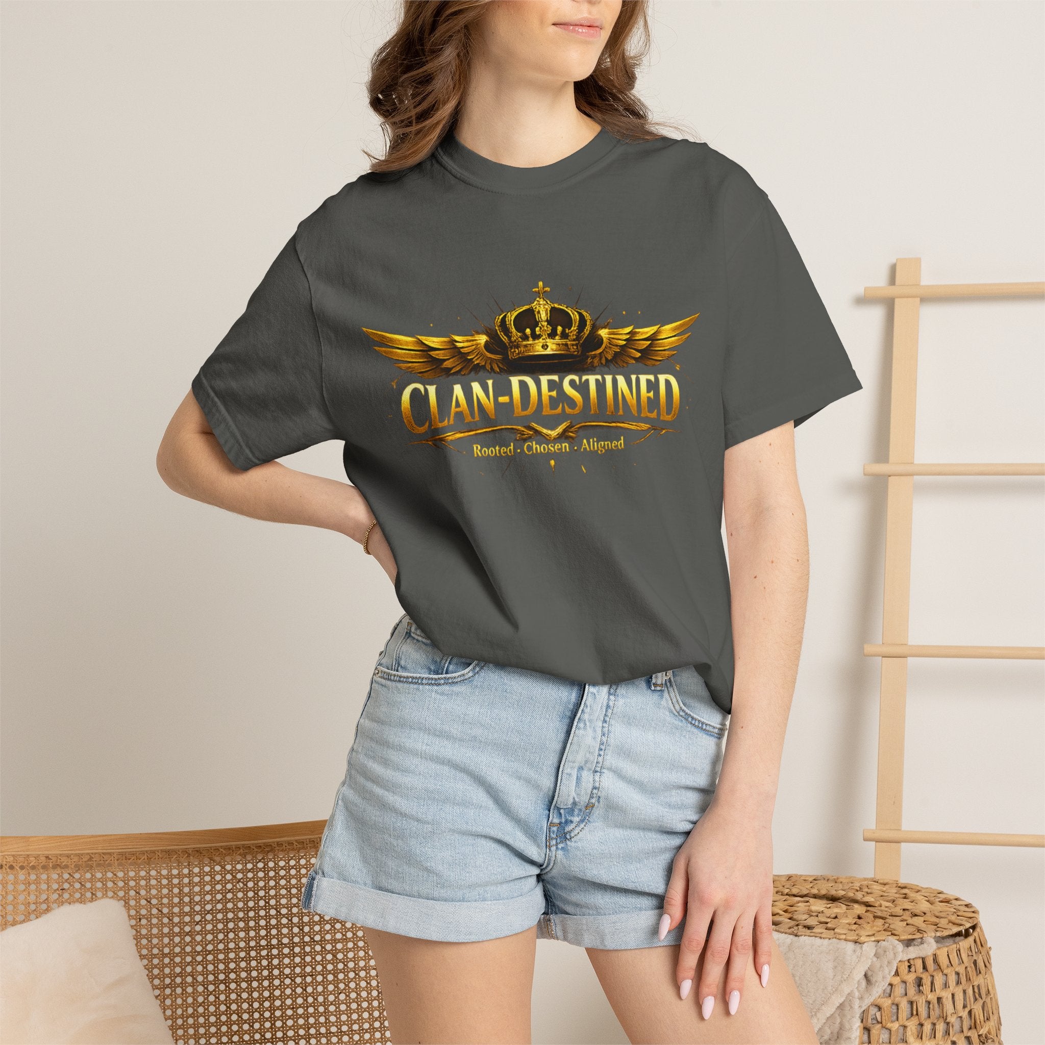 Clan-Destined Graphic T-Shirt — Gold Crown & Wings Emblem