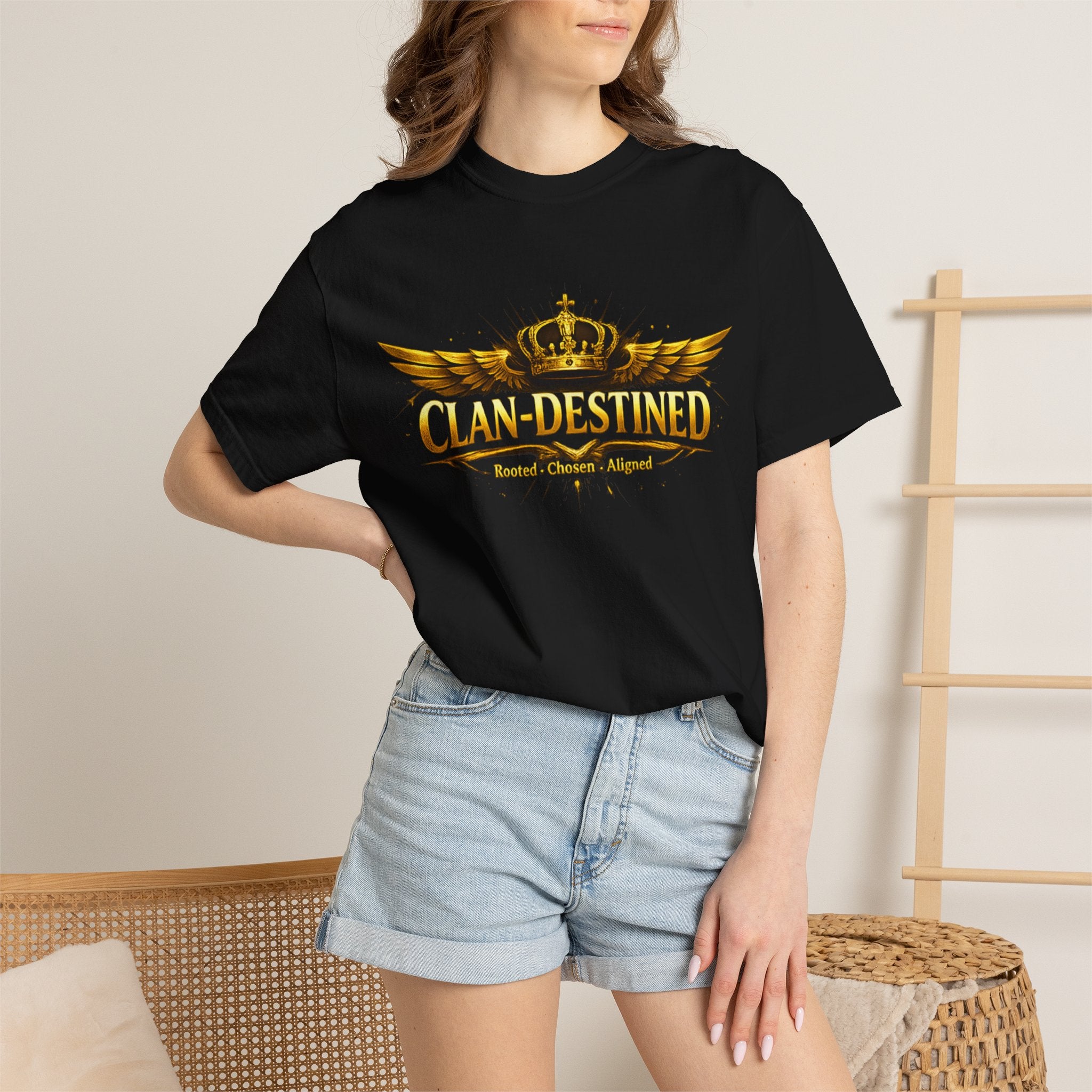 Clan-Destined Graphic T-Shirt — Gold Crown & Wings Emblem