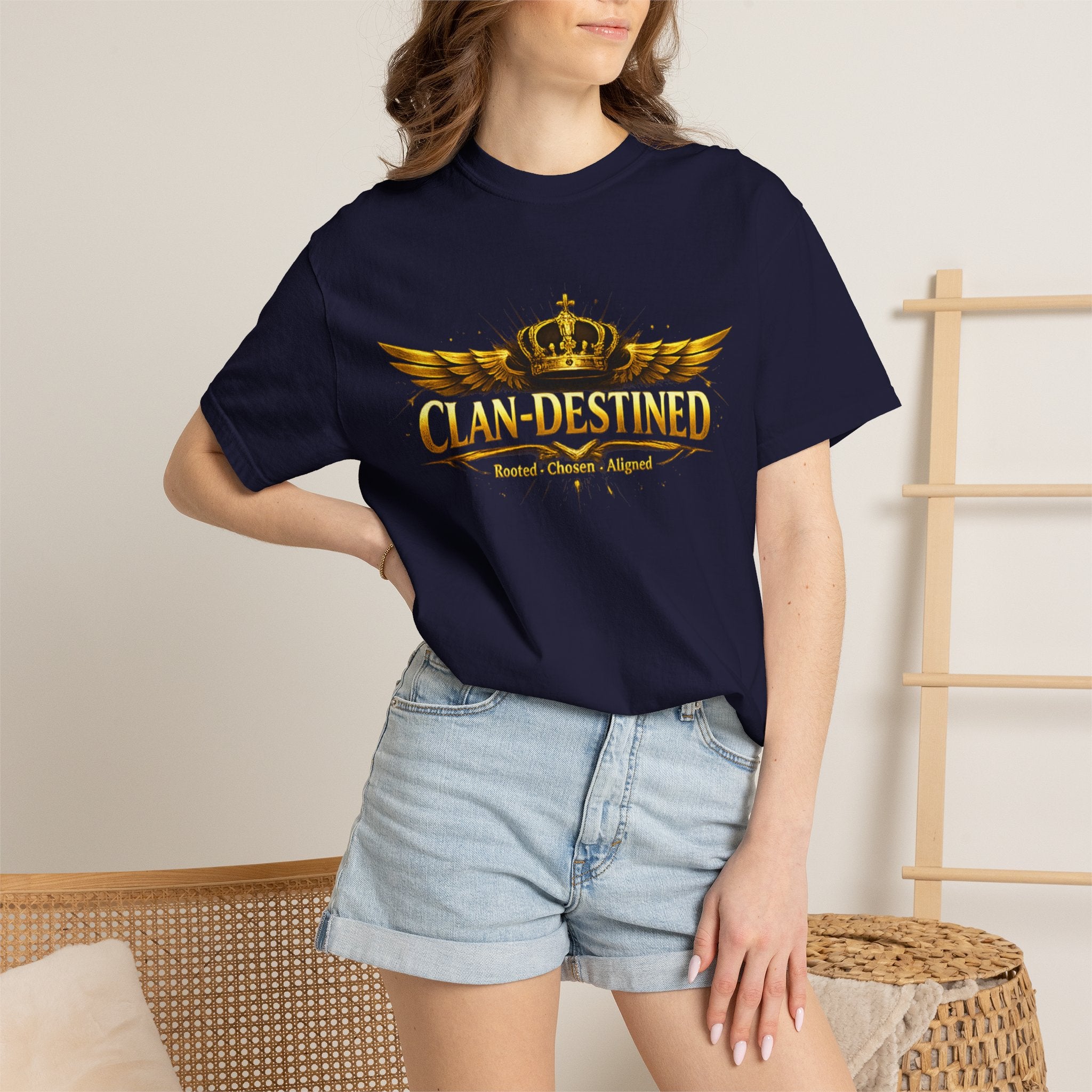 Clan-Destined Graphic T-Shirt — Gold Crown & Wings Emblem