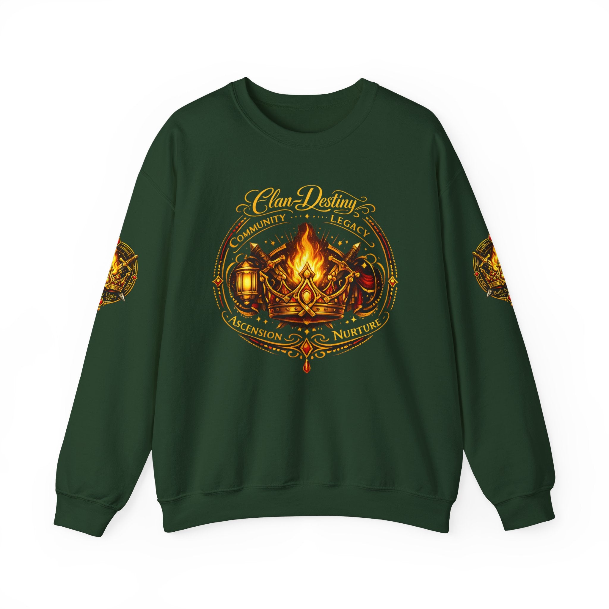 Crewneck Sweatshirt — Ornate Campfire Crest Graphic (’Clan Destiny’)