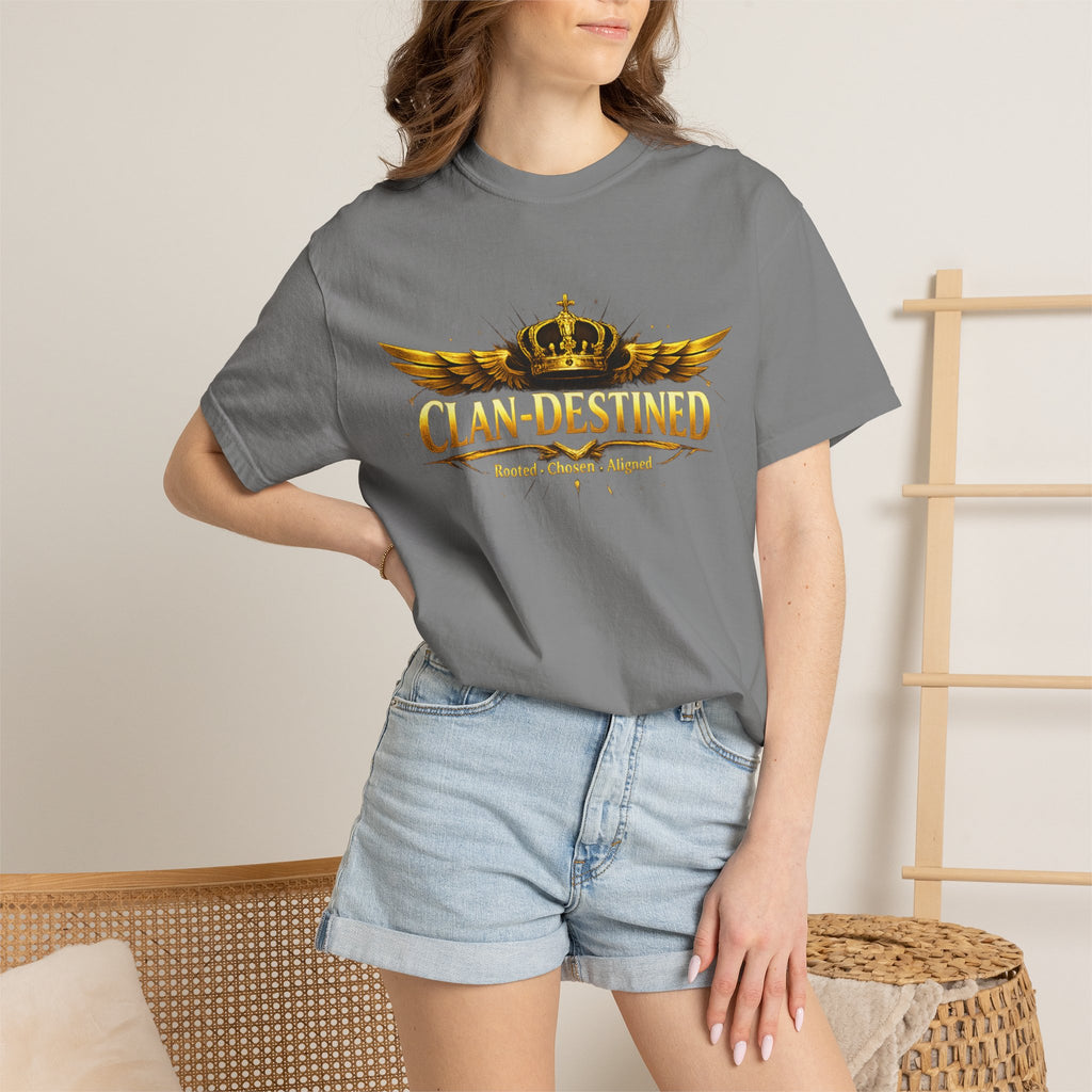Clan-Destined Graphic T-Shirt — Gold Crown & Wings Emblem