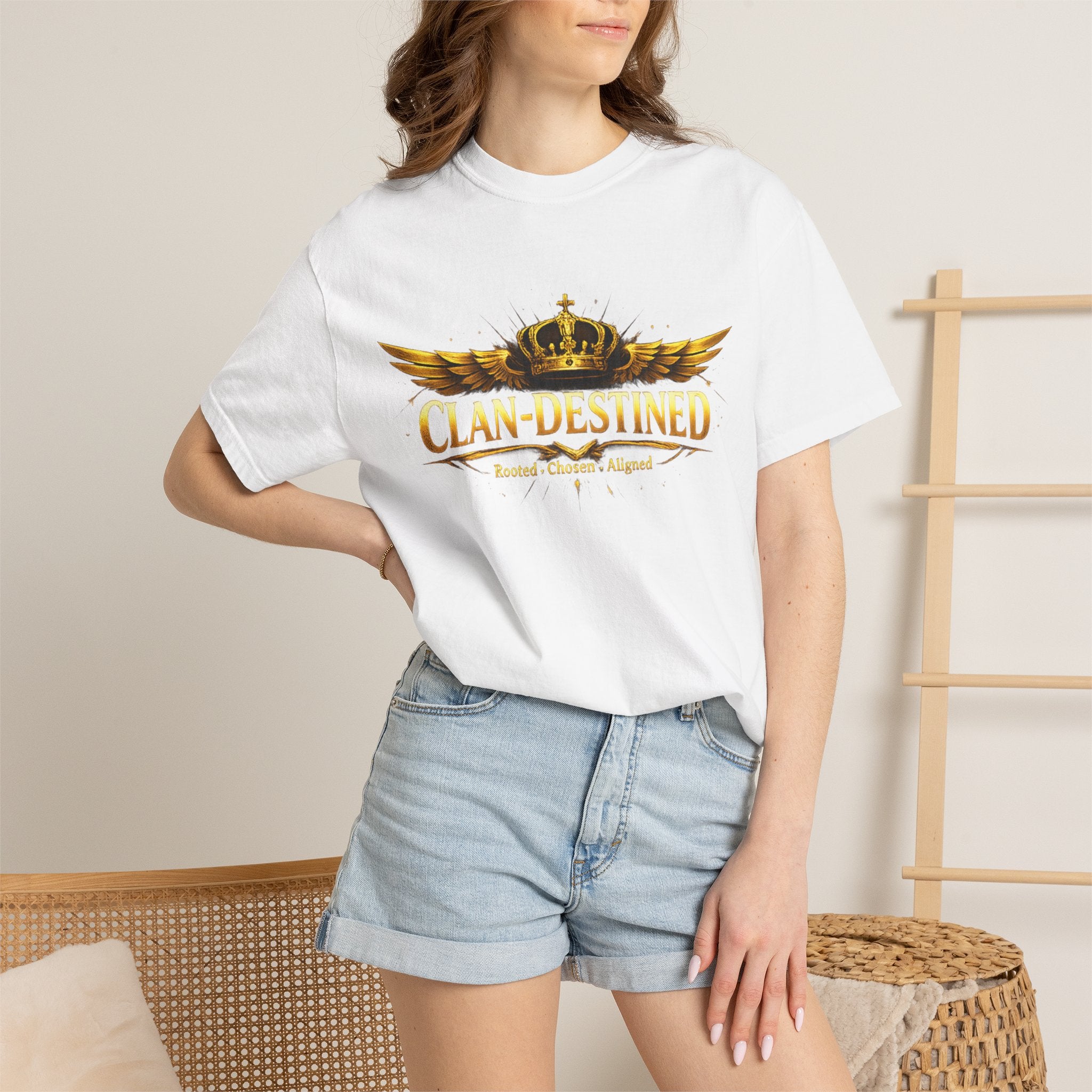 Clan-Destined Graphic T-Shirt — Gold Crown & Wings Emblem